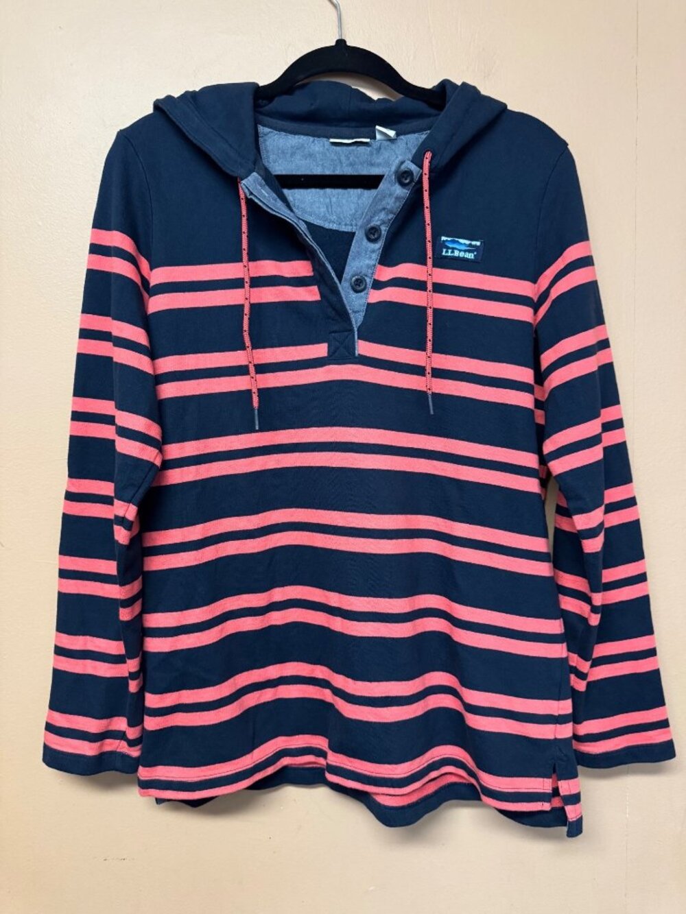 L.L.Bean Navy Pink Striped Hoodie Pullover Sweater Women’s M Cotton Rugby